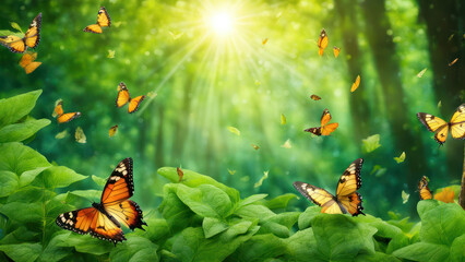 butterflies dancing in the forest in morning and green view