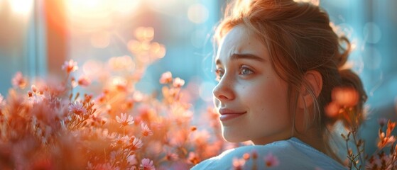 Wall Mural - A woman is sitting in a field of flowers, with her head tilted to the side