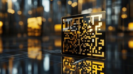 Poster - A glossy black and gold QR code stands out in a sleek, modern setting featuring reflective surfaces. The captivating design invites interaction in a tech-savvy environment