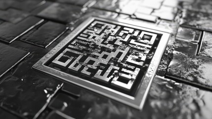 Poster - The QR code features a distinct black and white pattern encased in a metallic border, resting on a textured surface. It captures attention in a vibrant urban environment