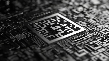 Poster - A detailed view of a black and white QR code is placed within a shiny metallic border, set against an intricate textured background that enhances its visual appeal