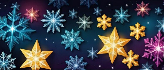 Wall Mural - A collection of colorful snowflakes and gold stars on a dark blue background with sparkling lights.