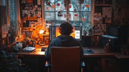 Poster - A person working late at night in a cozy home office filled with plants, personal memories, and dim warm lighting