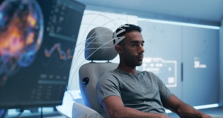 Aufkleber - Innovative Brain Research in Futuristic Laboratory: Patient Wearing Headset for Advanced Neural Imaging. High-tech Display Shows Detailed Infographics of Brain Activity, Medical Science and Research
