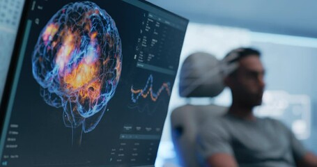 Aufkleber - Futuristic Laboratory: Patient Wearing Headset, Research Shows Brain Activity During Scanning. Monitor and Display Show Illuminated Neural Pathways, Innovation in Cognitive Research and Diagnostics