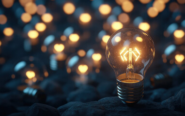 Wall Mural - Glowing incandescent light bulb in focus against blurred background of many bulbs, symbolizes innovation, creativity, and bright ideas.