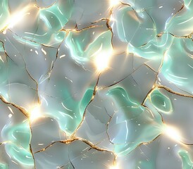 Poster - Shiny abstract texture with fluid shapes and soft pastel colors of green, white, and gold. The image has a translucent, crystal-like appearance, ideal for backgrounds and design projects.