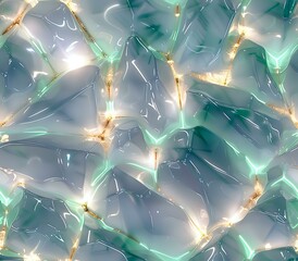 Poster - Shiny abstract texture with fluid shapes and soft pastel colors of green, white, and gold. The image has a translucent, crystal-like appearance, ideal for backgrounds and design projects.