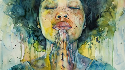 Watercolor artwork of a woman praying