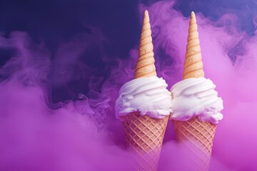 Two ice cream cones with swirls of cream rise above vibrant purple smoke, creating a dreamy and magical dessert scene.