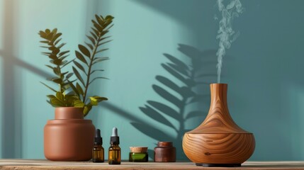 Wooden essential oil diffuser with smoke coming out, two bottles of essential oil, and a plant on a wooden table.