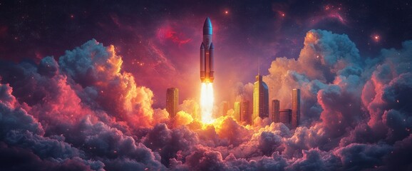 Wall Mural - A rocket launches into the sky, surrounded by clouds and cityscapes, as the sun sets.