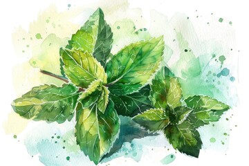 Wall Mural - Fresh Lemon Balm Leaves Watercolor Illustration. Organic Aromatic Herb for Health and Beauty