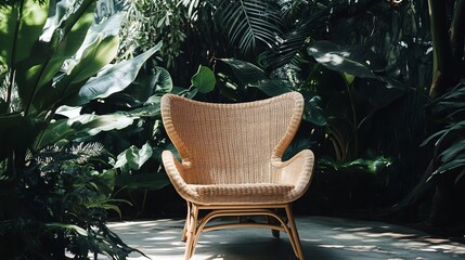 Wall Mural - Wicker Chair Set Against a Lush Tropical Foliage Backdrop