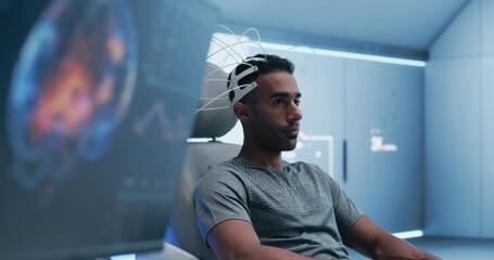 Poster - scientific medical laboratory research: patient wearing headset for advanced brain-computer interfac