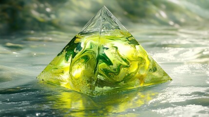 Poster - A clear pyramid showcases a mesmerizing blend of green and yellow swirling patterns, resting on a reflective surface that enhances its vibrant colors and draws the eye
