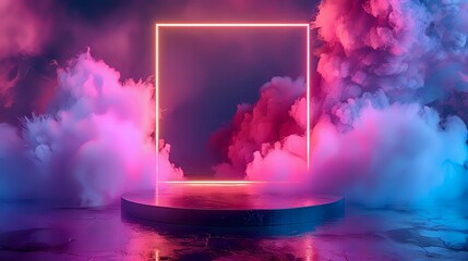 A futuristic scene featuring a glowing neon square frame surrounded by clouds of pink and blue smoke, set on a reflective surface. Perfect for digital designs, tech themes, and modern art concepts.