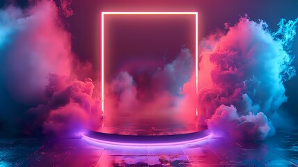 A futuristic scene featuring a glowing neon square frame surrounded by clouds of pink and blue smoke, set on a reflective surface. Perfect for digital designs, tech themes, and modern art concepts.