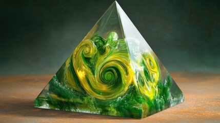 Poster - A clear pyramid showcases dynamic swirling patterns of green and yellow inside, set on a lightly textured surface and illuminated from one side, creating a vibrant effect