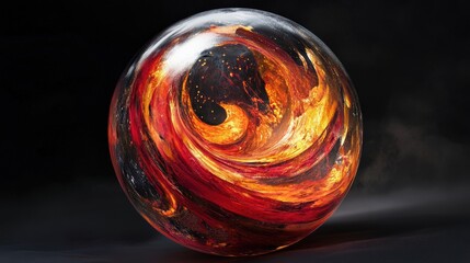 Poster - The clear sphere displays a captivating swirl of vibrant red and gold liquid that creates a striking contrast against the dark surface, evoking a sense of dynamism and beauty