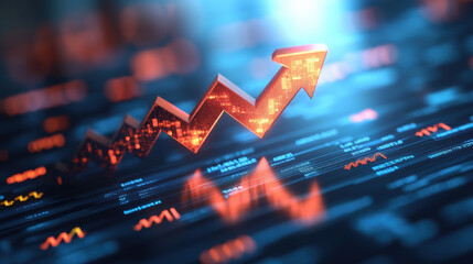 Poster - A glowing red upward arrow representing financial growth and success on a digital interface, depicting stock market trends and economic progress.