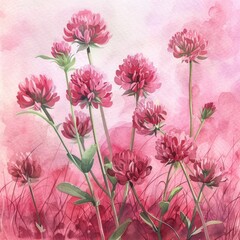 Wall Mural - Hand Drawn Watercolor Clover Flowers in Red and Pink Field - Herbal Medicine Illustration