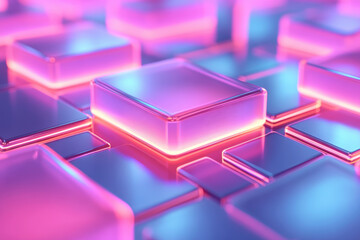 Poster - Abstract glowing neon cubes create a futuristic digital landscape with vibrant hues of pink and purple. Ideal for tech and modern design concepts.