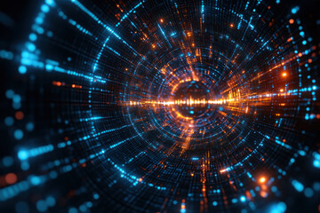 Wall Mural - Futuristic digital data tunnel with vibrant blue and orange lights, representing high-tech information network and fast data transfer.