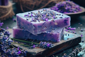 Wall Mural - Handcrafted Lavender Soap Bar with Watercolor Illustration for Spa and Wellness