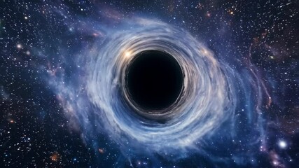 A breathtaking image of a black hole surrounded by swirling cosmic gases and vibrant nebulae in blue, purple, and orange, with twinkling stars in the backdrop.