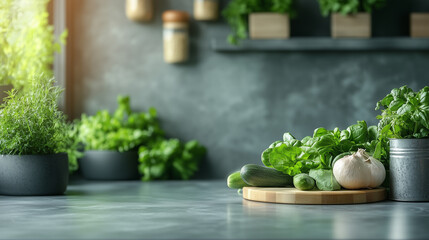 Green vegetables on modern kitchen table, text space