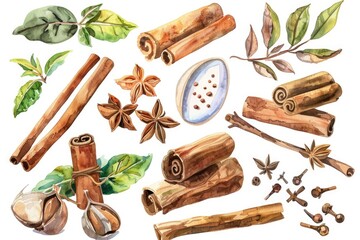 Wall Mural - Hand-Drawn Cinnamon Spice Set. Watercolor Illustration of Aromatic Ingredient for Cooking and Baking on White Background