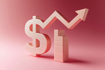 Poster - A rising arrow piercing through a dollar sign on a pink background symbolizes financial growth and success with a business concept illustration.
