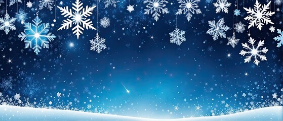 Wall Mural - Winter wonderland scene with white snowflakes falling on a blue background.