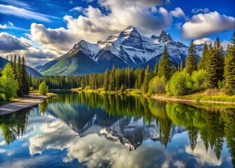 Canvas Print - Majestic mountain scenery with snow-capped peaks, serene lake reflection, and lush green forests surrounding a scenic