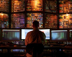 Poster - A focused individual monitors multiple screens in a tech-rich environment, highlighting the world of data management and analysis.
