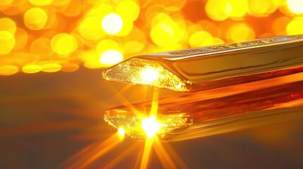 Poster - A close-up of a gold bar reflecting warm, sparkling lights with a bokeh effect, symbolizing wealth and luxury.
