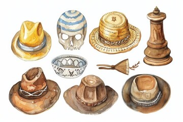 Hand-drawn Watercolor Illustration of Jewish Traditional Hats Set on White Background