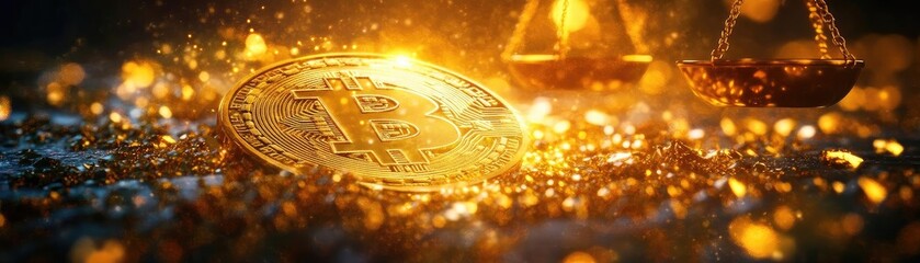 Poster - Illuminated cryptocurrency coin with golden scales, symbolizing financial balance and the rise of digital currency innovations.