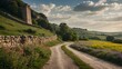 © Kasper - Serene country road bordered by stone walls and wildflowers, ideal for peaceful messaging.