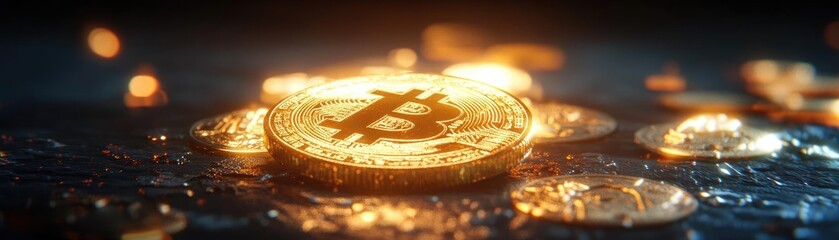Aufkleber - Shiny gold bitcoin standing out among coins, symbolizing digital currency and investment growth. Ideal for finance and technology themes.