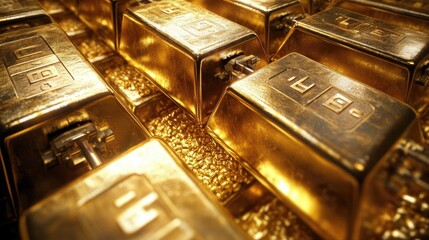 Poster - Close-up view of stacked gold bars, symbolizing wealth, prosperity, and luxury in a rich, shimmering setting.