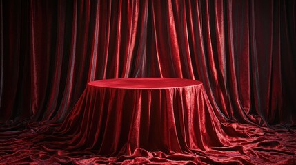 Poster - Elegant red velvet drapery flows around a round table, setting the stage for a luxurious event or presentation backdrop.