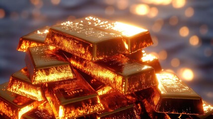 Poster - A stunning pile of gleaming gold bars, reflecting light beautifully, perfect for concepts related to wealth, luxury, and investment.