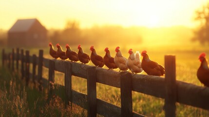 Wall Mural - Chickens on a Fence at Sunset