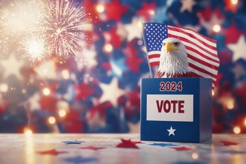 American eagle with voting ballot, red, white, and blue fireworks, 3D illustration , Add text 