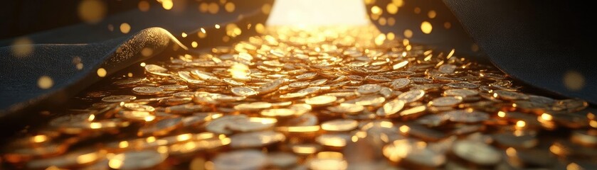 Poster - A captivating view of shining coins glimmering under warm light, symbolizing wealth and prosperity.