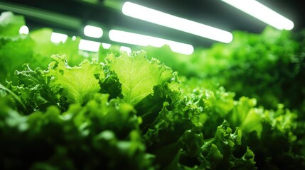 Poster - Fresh green lettuce thriving in a hydroponic farm, illuminated by bright artificial lights, showcasing vibrant and healthy growth.