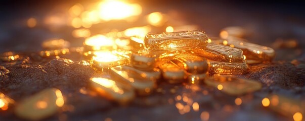 Poster - A stunning close-up of gleaming gold coins reflecting warm light, capturing the essence of wealth and luxury.