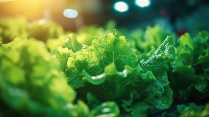 Poster - Fresh green lettuce thriving in a hydroponic farm, illuminated by bright artificial lights, showcasing vibrant and healthy growth.